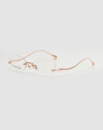 The For Art's Sake® Waver features lightweight, rimless eyeglass frames with round clear lenses and rose gold metal temples, shown on a plain white background.