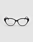 The Act cat-eye eyeglasses by For Art's Sake® feature black frames, clear lenses, and a lightweight design. Shown facing forward on a light gray background, the left lens is etched with "FOR ART’S SAKE.