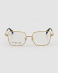 Fluid by For Art's Sake®: Gold metal eyeglass frames with a soft-square shape, clear lenses, and black temple tips, shown on a white background. "FOR ART’S SAKE LONDON" is printed in black on the left lens.