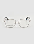 The Fluid by For Art's Sake® is a pair of soft-square silver metal eyeglass frames with clear lenses and black temple tips. Displayed on a white background, the left lens showcases the "For Art's Sake" branding.