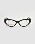 A pair of black Halo(X) cat-eye eyeglasses with clear lenses and sculptural acetate frames, shown on a light gray background. The thick frames feature the For Art's Sake® brand name on the left lens.