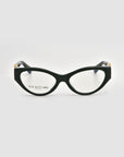 The Halo(X) by For Art’s Sake® features black cat-eye eyeglasses with sculptural acetate frames and clear lenses. "FOR ARTS SAKE LONDON" is printed on the left lens, shown front-facing against a plain white background.
