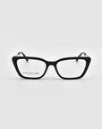 A pair of black cat-eye Harmony(X) eyeglasses by For Art's Sake®, featuring sculptural temples and clear lenses, is displayed on a light gray background. “FOR ART’S SAKE LONDON” appears on the inner side of one lens.