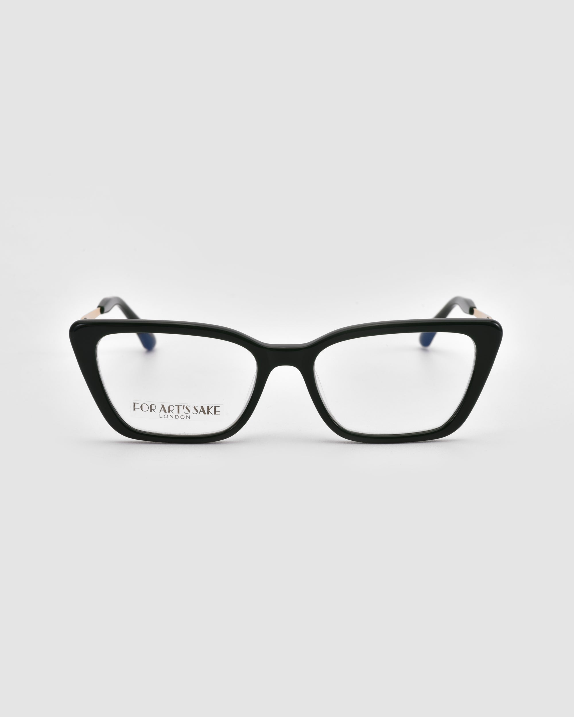 Black, cat-eye Harmony(X) eyeglasses by For Art's Sake® with a boxy silhouette and clear lenses, shown front-facing on a white background. "FOR ART'S SAKE" appears on the left lens.