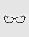 Black, cat-eye Harmony(X) eyeglasses by For Art's Sake® with a boxy silhouette and clear lenses, shown front-facing on a white background. "FOR ART'S SAKE" appears on the left lens.
