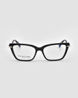 The For Art's Sake® Motion I is a pair of black rectangular eyeglasses with clear lenses and subtle metal accents, shown from the front on a plain light gray background. The inside of the left lens reads "FOR ART'S SAKE.