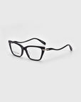 The For Art's Sake® Motion I eyeglasses feature a black rectangular frame with subtly curved acetate temples, shown on a plain white background.