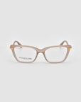 Motion I by For Art's Sake®: Beige rectangular eyeglasses with gold metal hinge accents and acetate temples, shown on a plain light gray background. "FOR ART'S SAKE LONDON" is printed on the left lens.