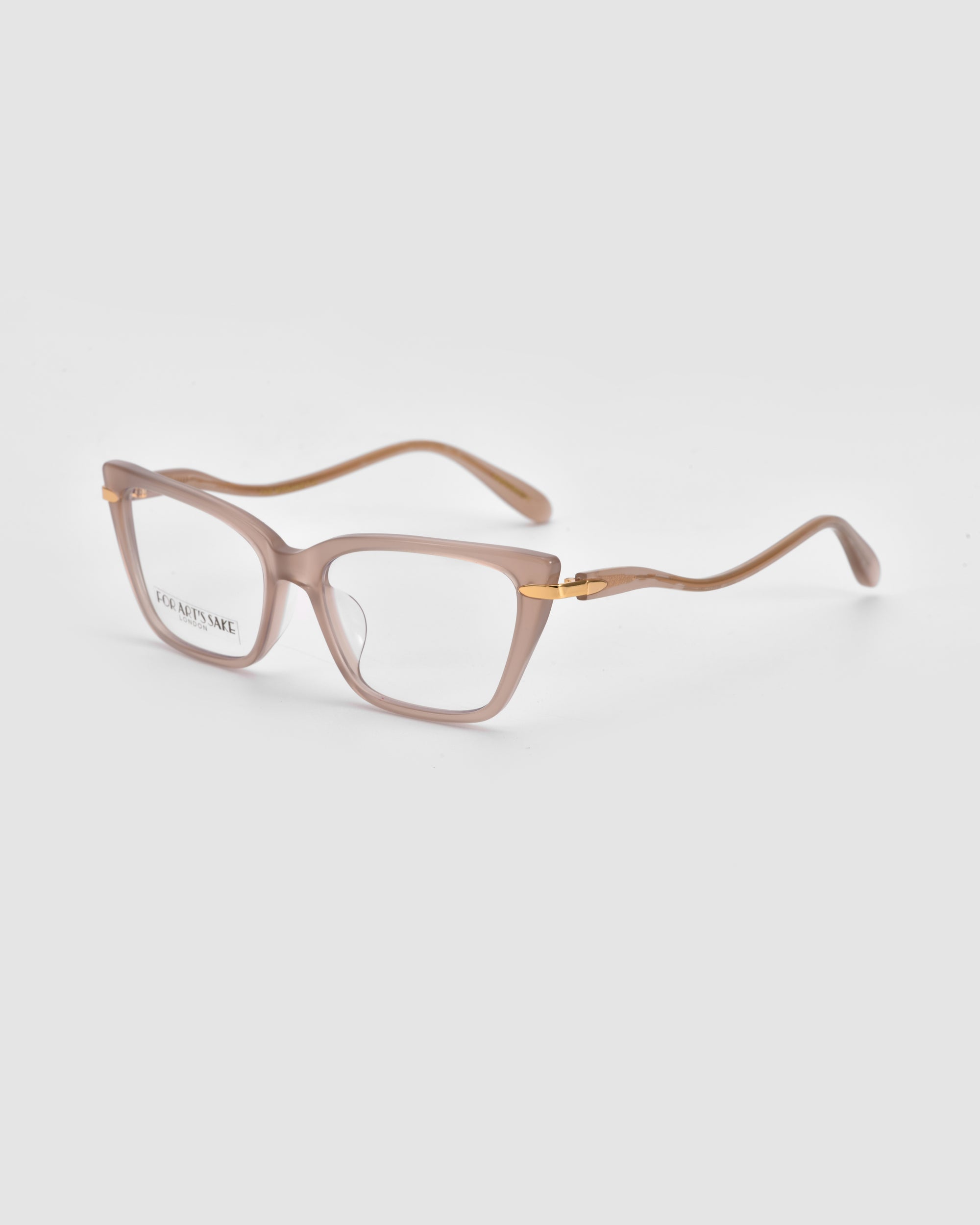 The Motion I by For Art's Sake® are light brown rectangular eyeglasses with gold metal accents on the temples, shown on a white background. Acetate temples lend modern flair to their classic style. "EYE RESPECT" is visible on the left lens.
