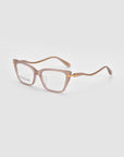The Motion I by For Art's Sake® are light brown rectangular eyeglasses with gold metal accents on the temples, shown on a white background. Acetate temples lend modern flair to their classic style. "EYE RESPECT" is visible on the left lens.