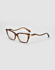 The For Art's Sake® Motion I eyeglasses feature brown tortoiseshell rectangular frames with a slight cat-eye shape and sleek acetate temples, displayed angled on a plain white background.