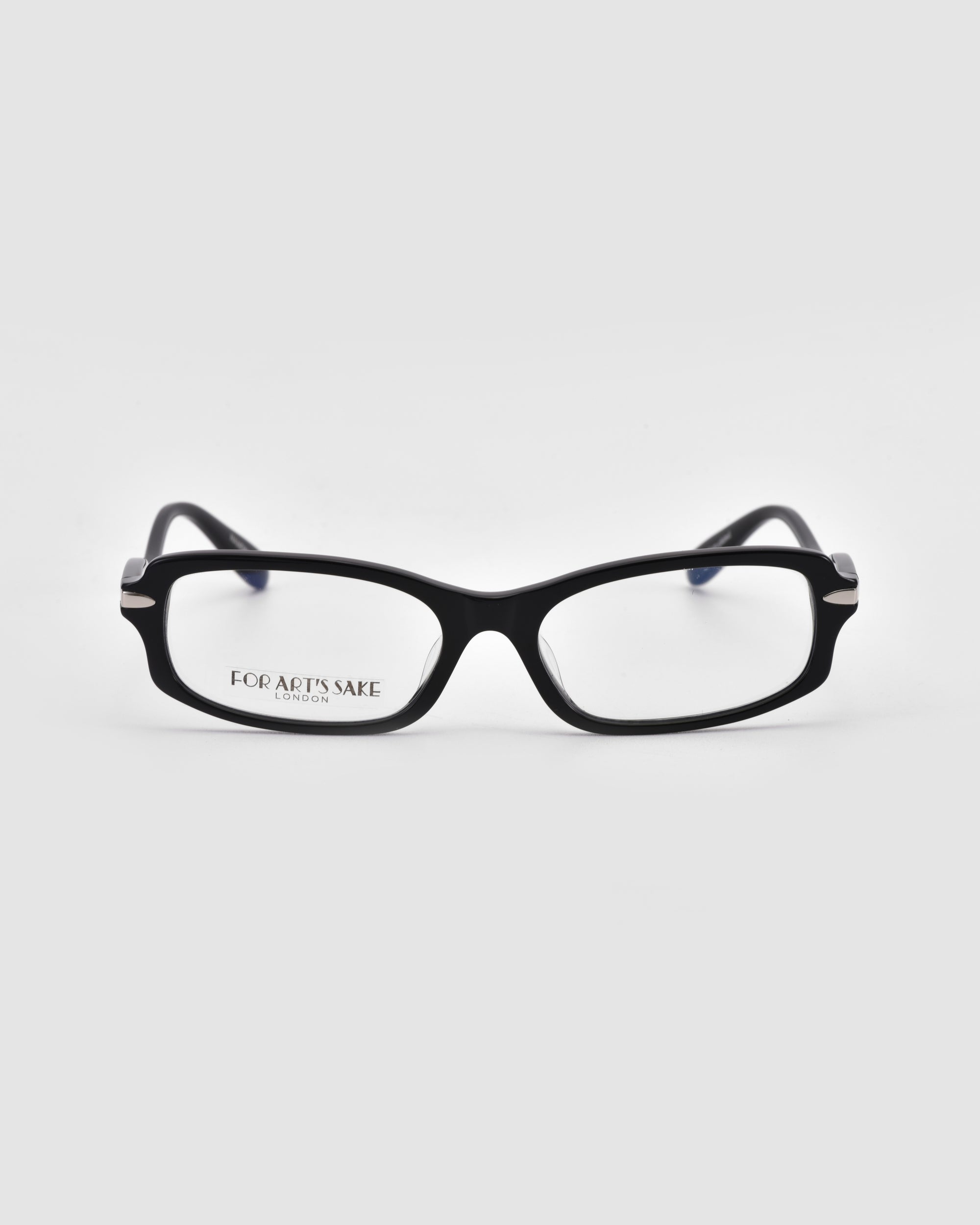 The For Art's Sake® Motion II features black rectangular frames with clear lenses and subtle metal accents, shown front-facing on a plain light gray background.