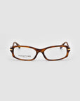 A pair of rectangular brown tortoiseshell Motion II eyeglasses by For Art's Sake®, featuring clear lenses and curved acetate temples, displayed on a plain white background. "FOR ARTS SAKE" is inscribed inside one lens.