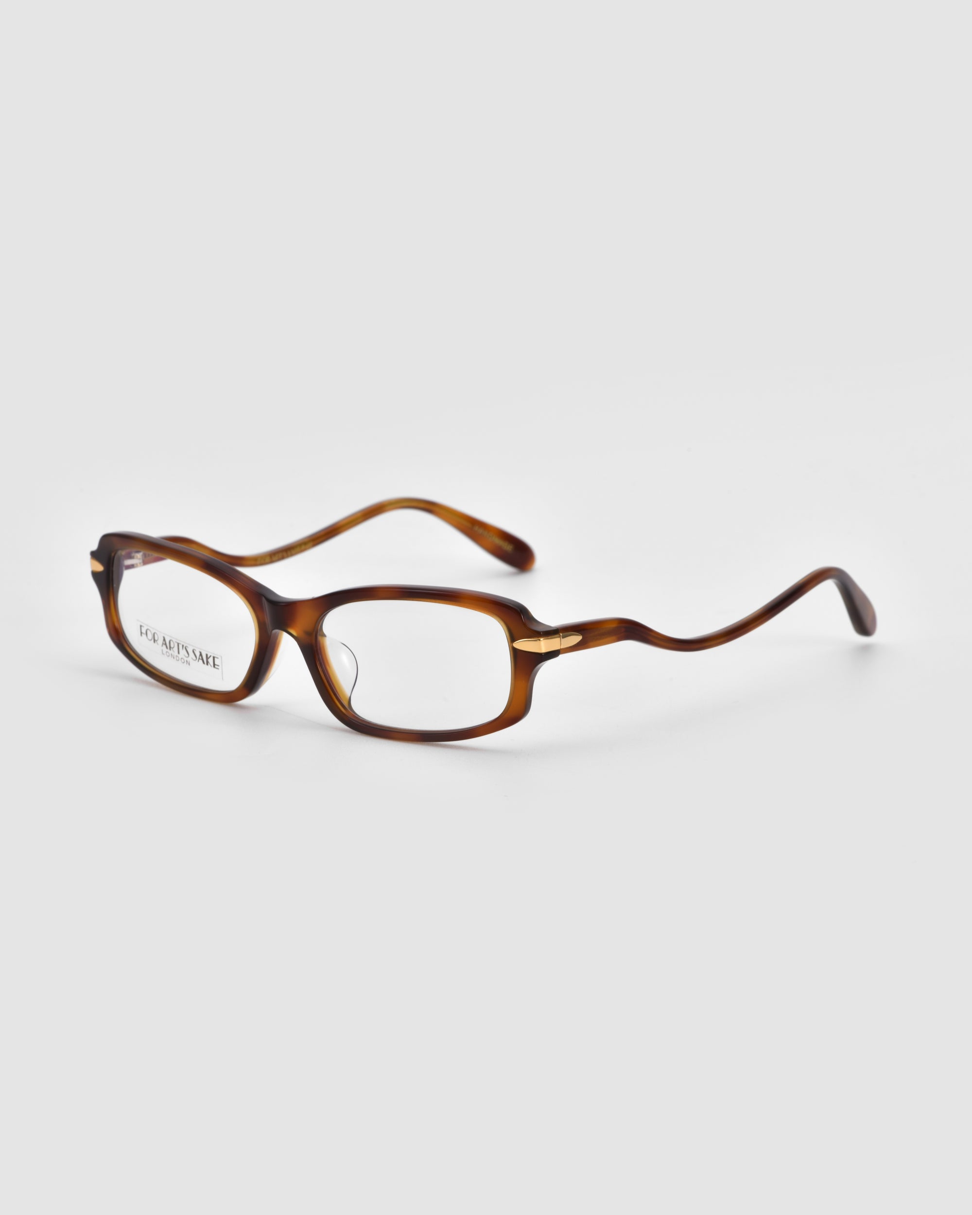 For Art's Sake® Motion II eyeglasses feature rectangular lenses, brown tortoiseshell frames, and uniquely curved acetate temples, displayed against a plain white background.