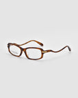 For Art's Sake® Motion II eyeglasses feature rectangular lenses, brown tortoiseshell frames, and uniquely curved acetate temples, displayed against a plain white background.