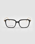 A pair of Claudia black square eyeglasses by For Art's Sake®, made from acetate and metal with gold sculpted temples, is shown on a plain light gray background. The brand name "For Art's Sake®" appears in small lettering on the left lens.