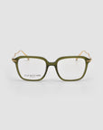 Claudia olive green rectangular eyeglasses by For Art’s Sake®, crafted from acetate and metal with sculpted gold temples and clear lenses. The left lens has "FOR ART'S SAKE LONDON." Shown on a light gray background.