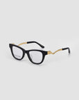 For Art's Sake® Poppy eyeglasses feature thick black rectangular frames and gold zigzag sculptural metal temples, shown on a plain white background.