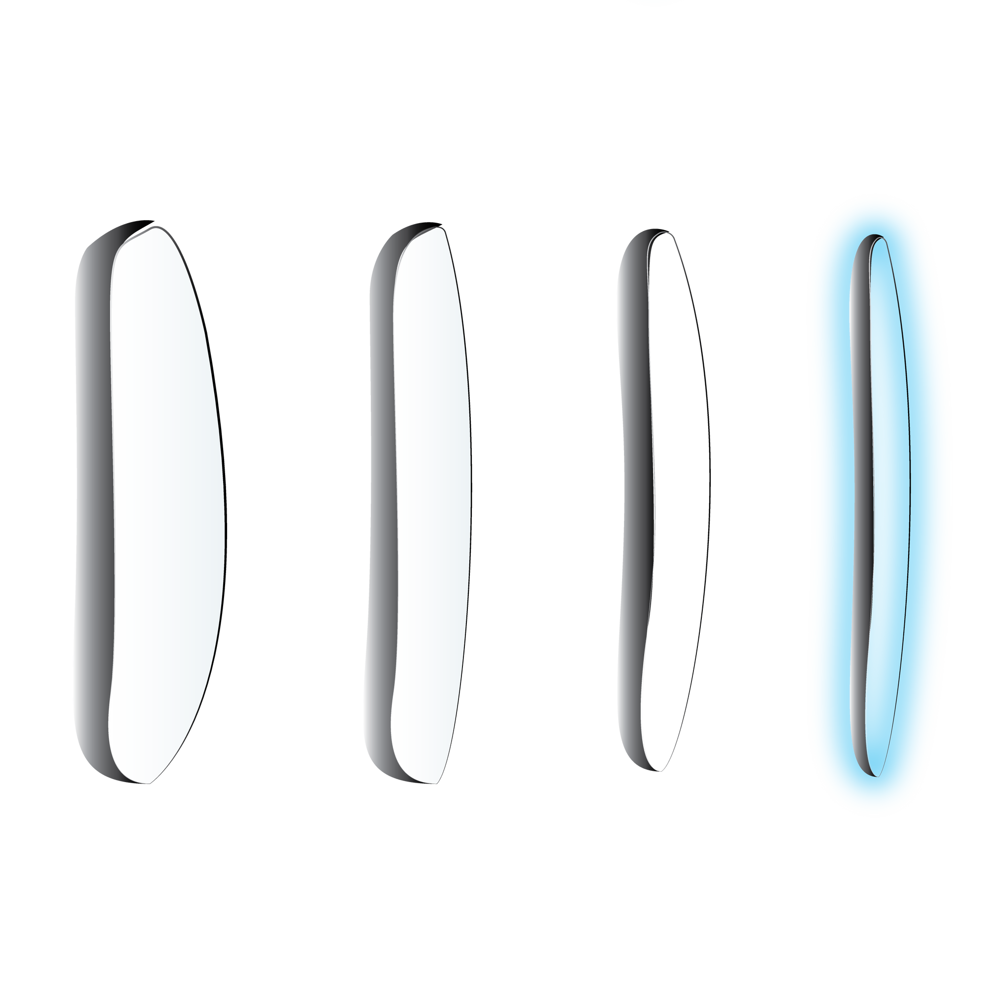 Four vertically aligned convex lenses appear on a white background. The ZEISS CLEARVIEW lens by LensAdvizor, highlighted with a blue glow on the far right, stands out as the next in line for dispatch, while the other three remain plain with gray shadows.