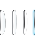 Four vertically aligned convex lenses appear on a white background. The ZEISS CLEARVIEW lens by LensAdvizor, highlighted with a blue glow on the far right, stands out as the next in line for dispatch, while the other three remain plain with gray shadows.
