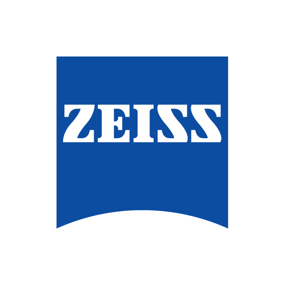 The image shows the ZEISS logo—bold white "ZEISS" letters on a blue, curved-edge rectangle—featured on LensAdvizor's ZEISS CLEARVIEW optical frames, typically ready for order or dispatch.